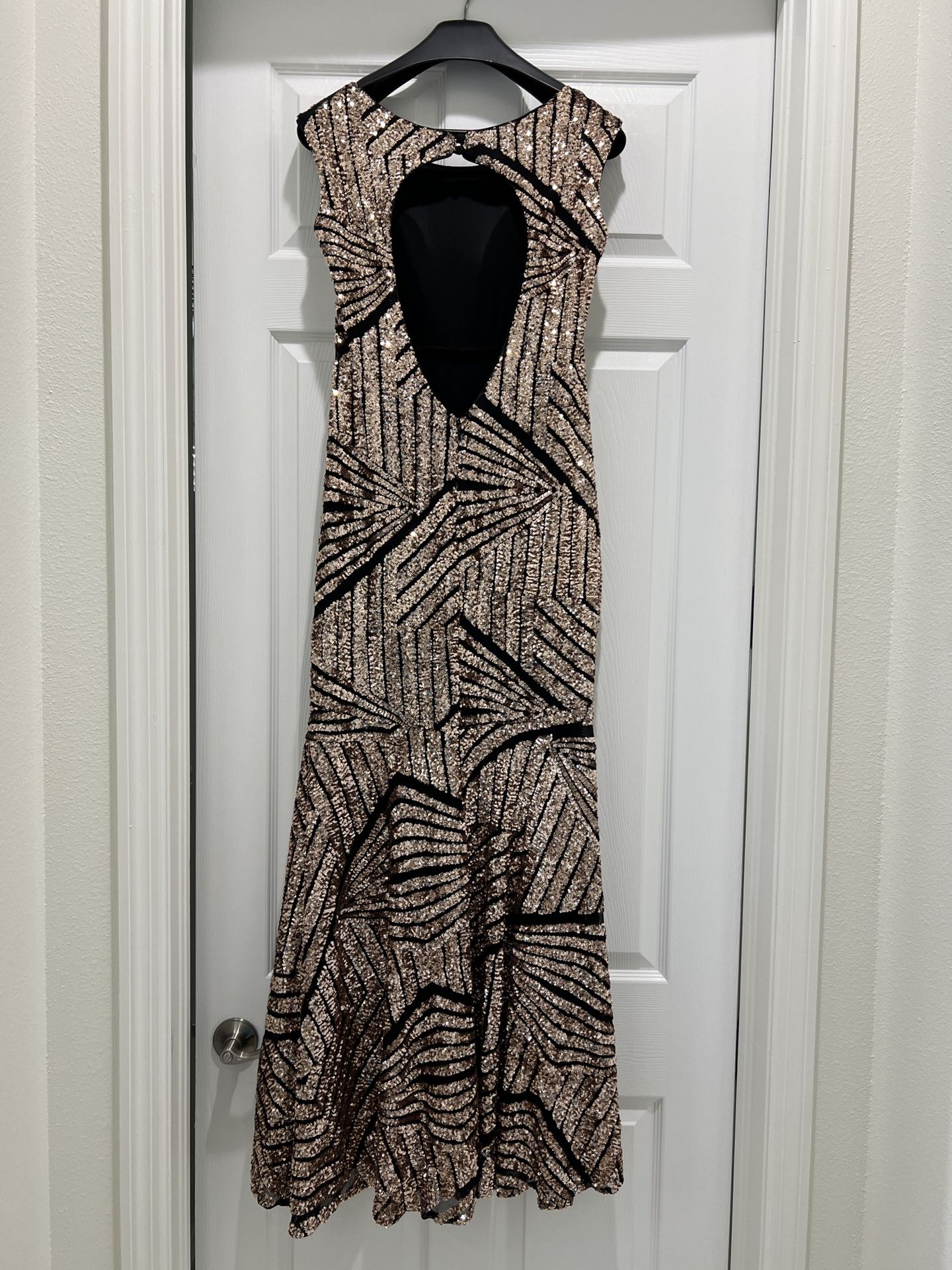 Rose Gold Sequin Prom Gown Key Hole Back Built In Bra And Stretchy Comfy