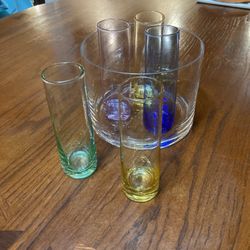 Set of six colored tall shock, glasses, and one ice bucket