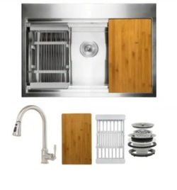 AKDY Handmade All-in-One Stainless Steel 33 in. x 22 in. Single Bowl Drop-in Kitchen Sink Pull-down Faucet and Accessories