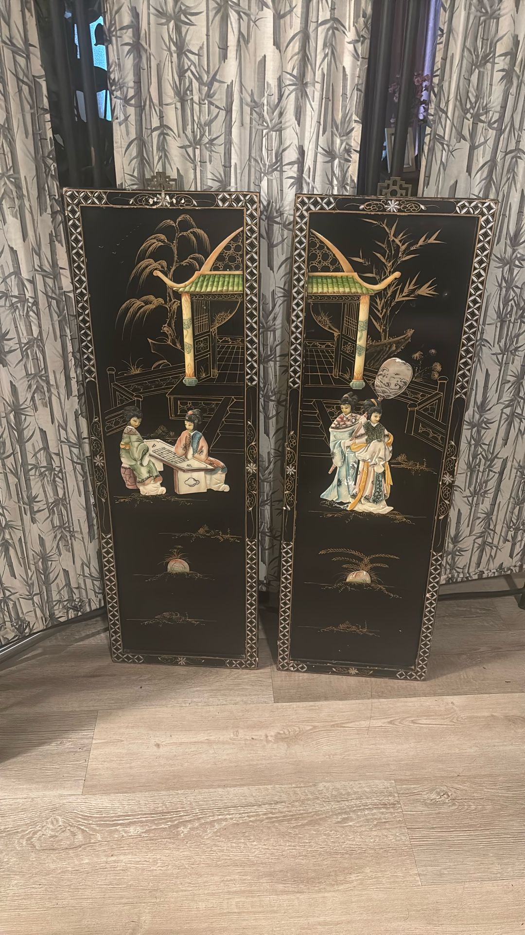 1970's Japanese Decorated Wall Panels Set Of Two