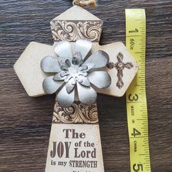 Decorative Wooden Cross With Metal Flower And Scripture Verse 