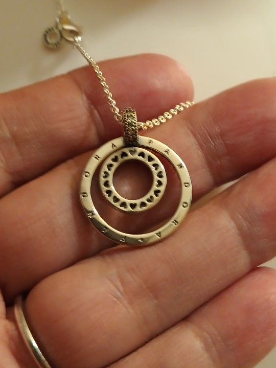 Pandora Authentic Brand New Sterling Silver Large Signature Sparkling 18.5 2 Sided Spinnable Inside Circle Adjustable Medallion Necklace $50 Each