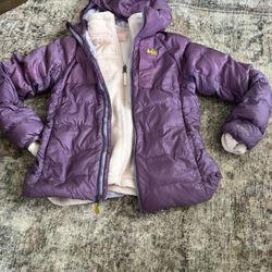 REI Co-op Down Hooded Jacket Kids size 10 Quilted Puffer Insulated Outdoor + Layering Fleece 