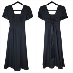 Size 2 Black Dress Formal Bridesmaid Cocktail Empire Waist Sateen Bow And Trim
