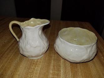 Vintage Belleek Lotus Creamer, Sugar Bowl, Salt Cellar Set Yellow Lustre - Ireland