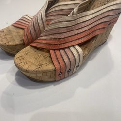Lucky Brand Women’s Wedge Cork Brown And Pink Heels, Size 7.5