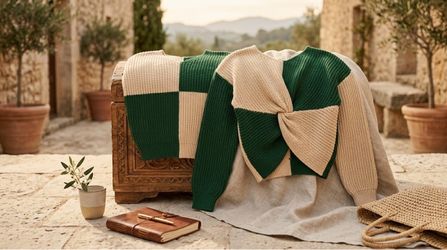 Green and Cream Color Block Knit Sweater