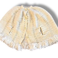 Vintage Crochet Cape White Poncho 4 Button Front Arm Holes Fringe Boho Hippie