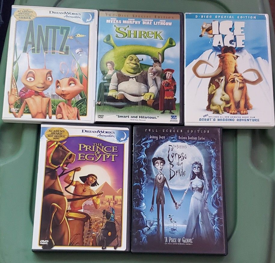 DVD kid movies Antz, Shrek, Ice Age, The Prince of Egypt, Corpse Bride