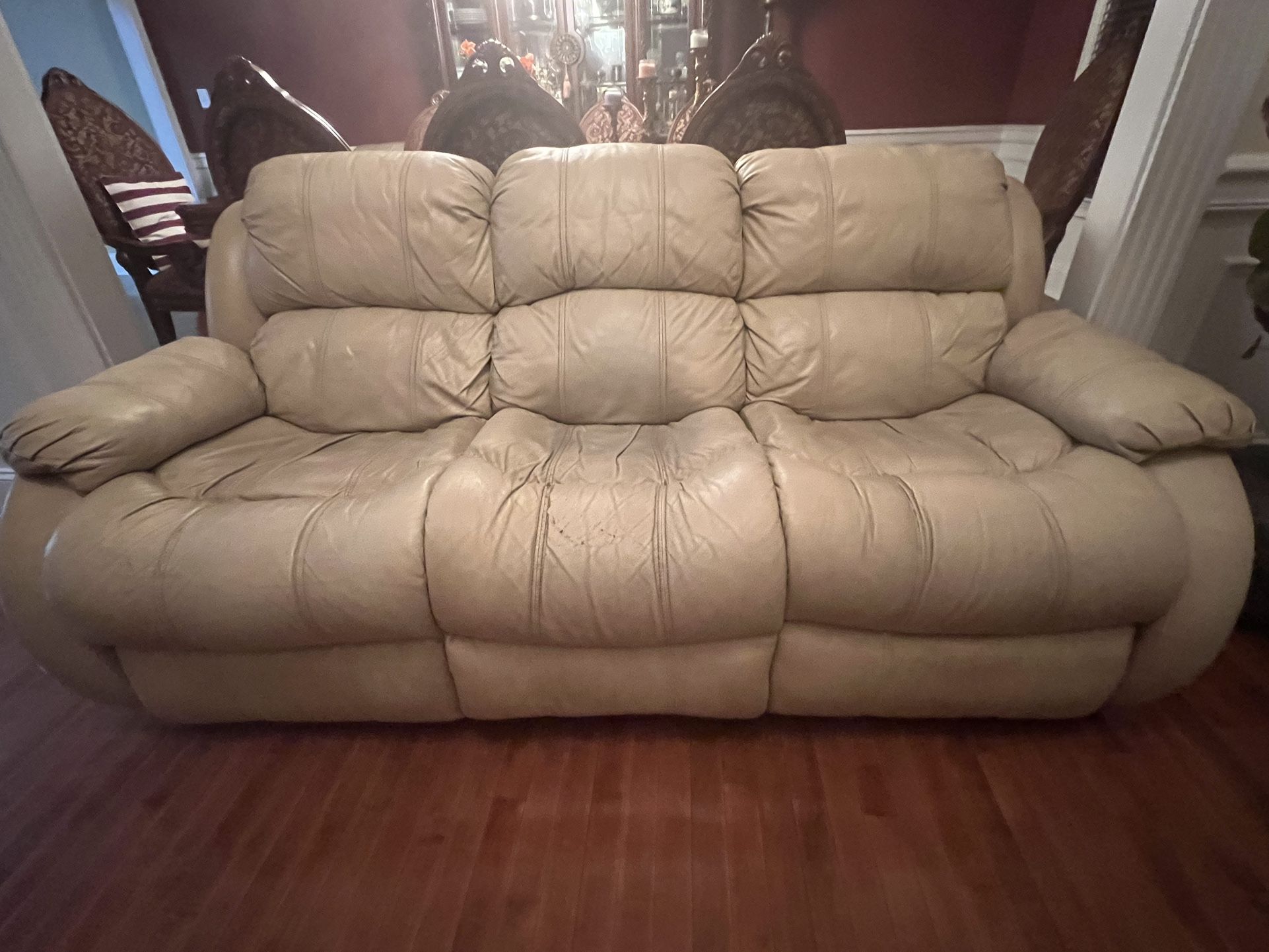 Beige Sectional Leather Sofa With Love Seat.