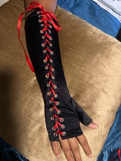 Black Fingerless Arm Warmer with Red Lace-Up