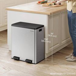 Trash Can, 2 x 8-Gallon Garbage Can for Kitchen, with 15 Trash Bags, 2 Compartments, Plastic Inner Buckets and Hinged Lids, Airtight, Sil
