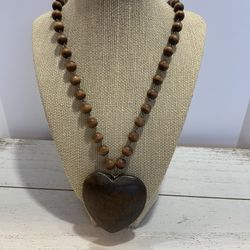 Wood  Balls  Necklace  Heart  Pendant  Necklace  24” Inches Long   #228
