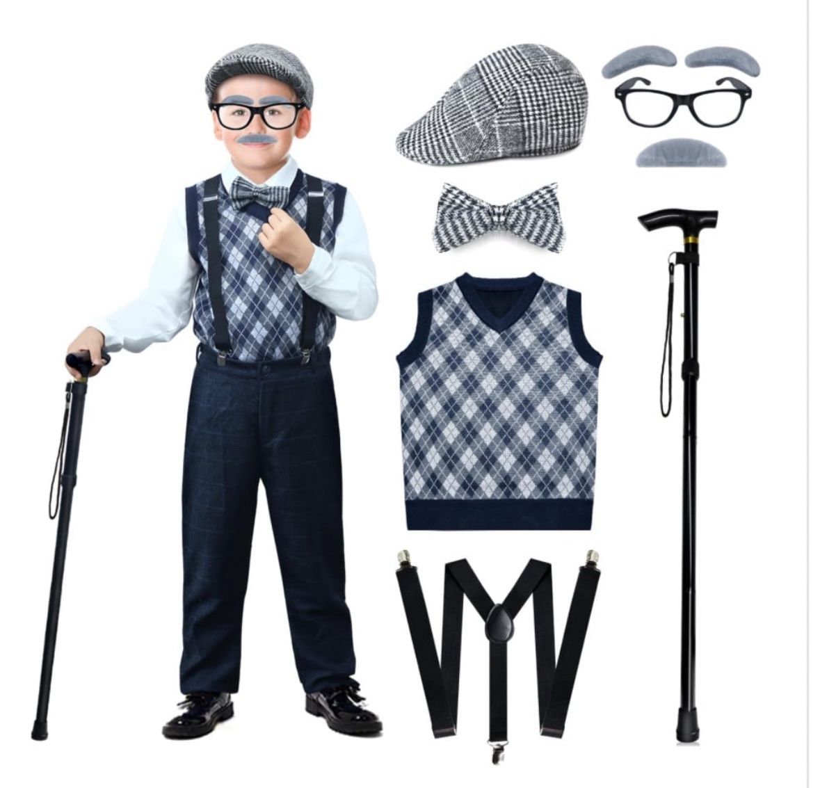 Nabobs 100 Days Of School Costume For Boys – Old Man Costume With Grandpa Hat, Beard, And Vest For Kids 100th Day Of School Cosplay (Retro Black, Medi