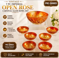 7 pc Vintage Imperial Open Rose Carnival Glass Bowl set 1 - 9.25in & 6 - 5.25in