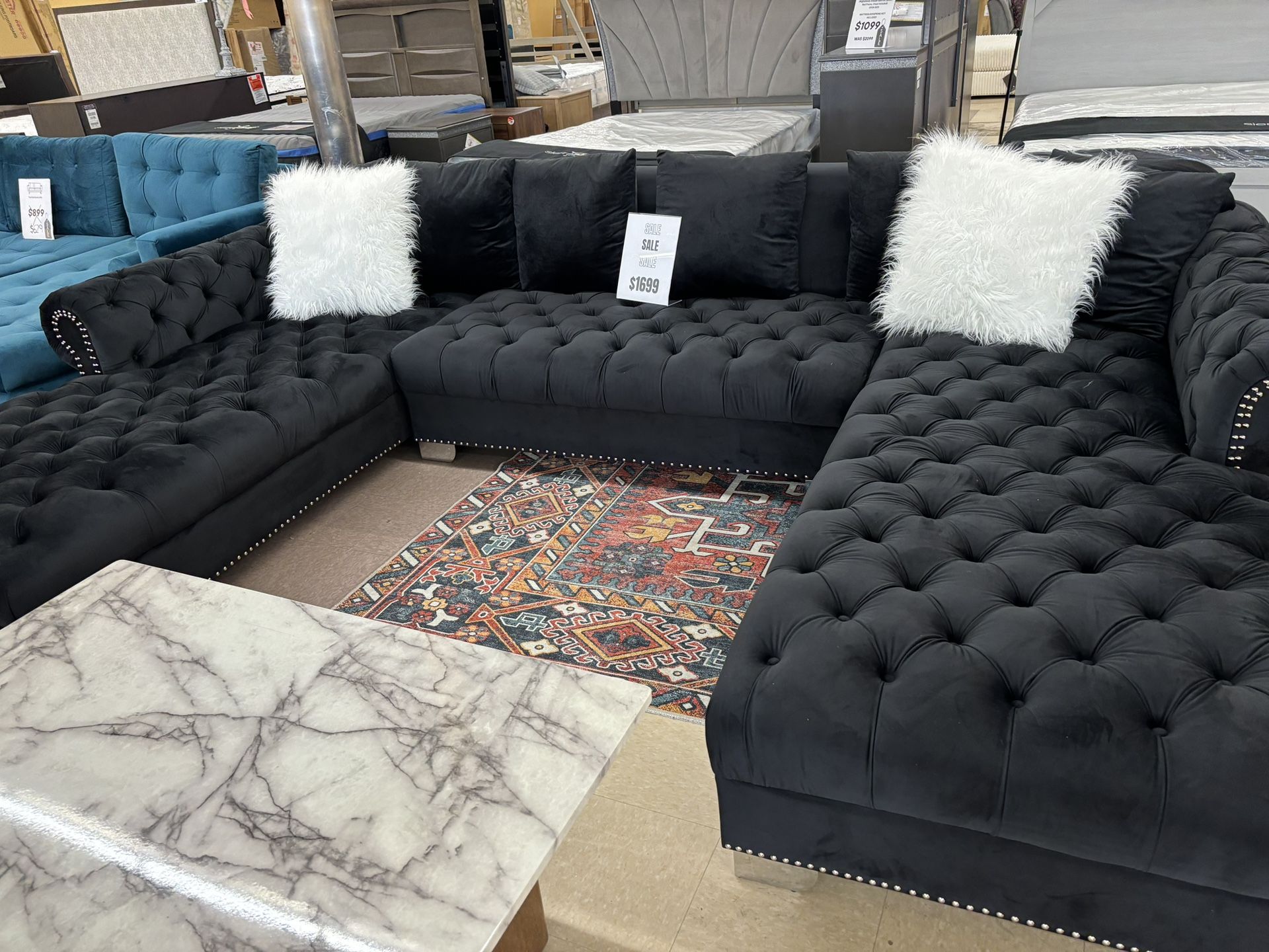 Black Tufted Double Chaise Sectional