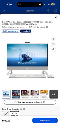 Dell 27 All-in-One Desktop EC27250 27" FHD Display Intel Core i5-1334U 16GB RAM 512GB NVMe SSD White
