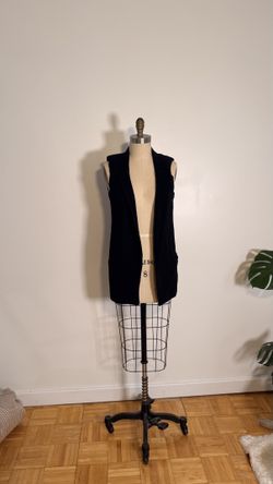 Black Long Open Front Duster Vest Sleeveless Pockets Size M