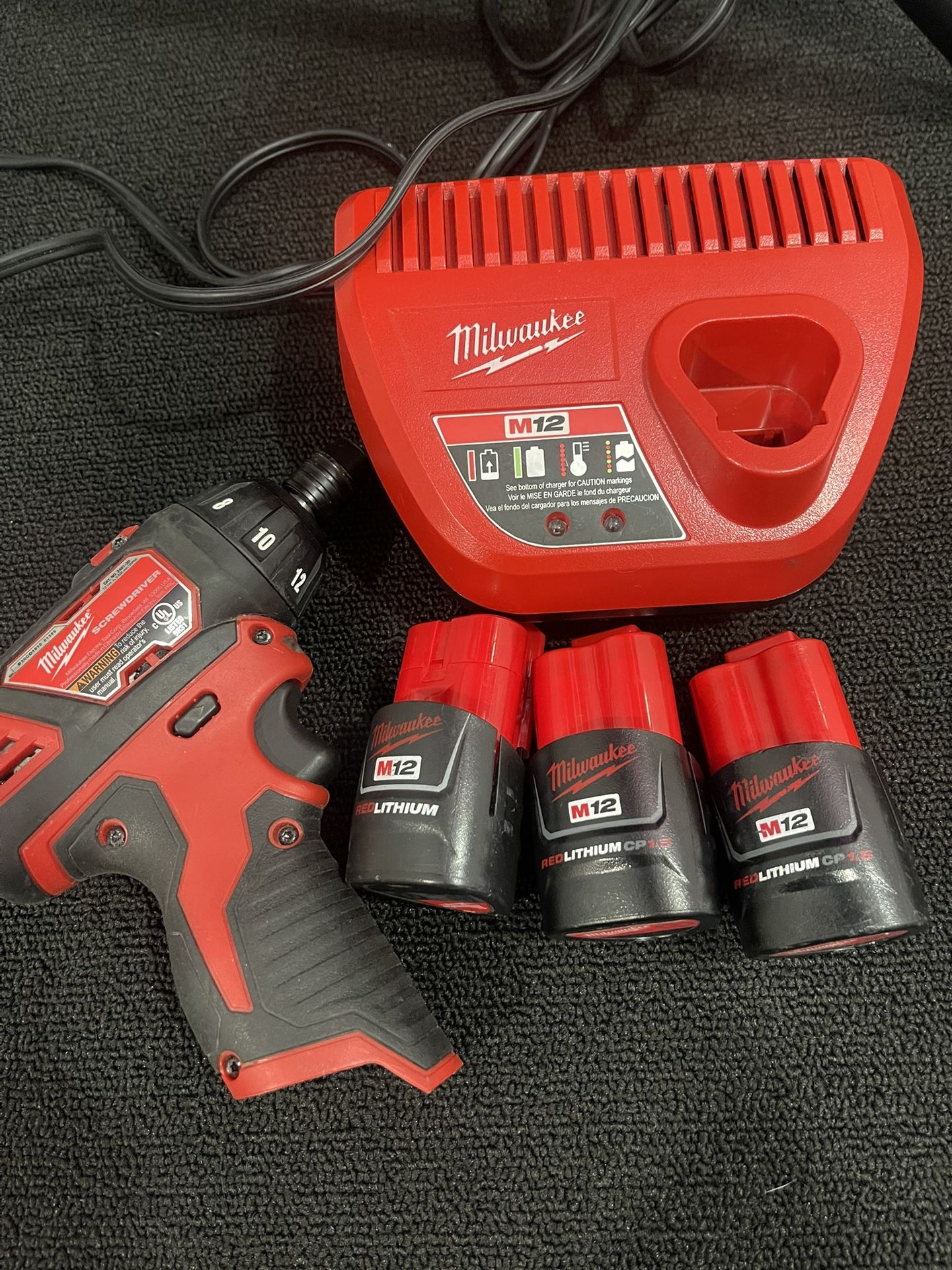 Milwaukee M12 Cordless Hex Screwdriver 2401 With M12 Charger And 3 M12 Batteries I