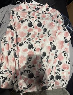 Express Slim 1MX Floral Long Sleeve Button-Down Shirt - White/Pink/Black (Size Large)