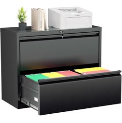 2 Drawer File Cabinet, Black Lateral File Cabinet with Lock,Metal Filing Cabinet for Home Office, Lockable File Cabinets for Legal/Letter/A4/F4 Size w
