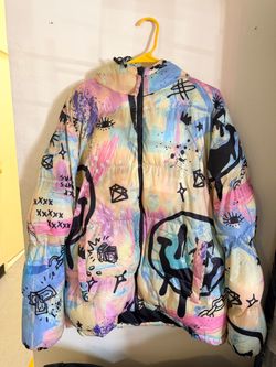 Graffiti Print Puffer Jacket with Hood Women’s Size XL