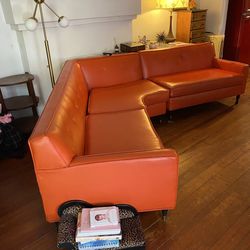 Large orange mid century modern pleather PU Vinyl couch sofa sectional
