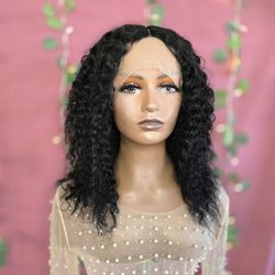16" TPART lace Front Human Hair Wig New Black  Deep Wave Curl  New 