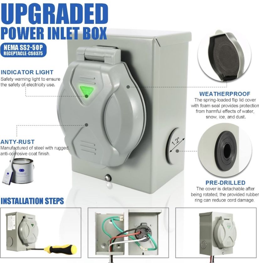 50 Amp Generator Cord and Power Inlet Box, 15FT Generator Cords 50 Amp,125V/250V