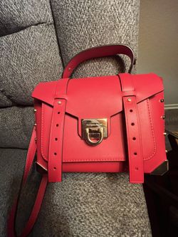 Red Michael Kors Manhattan Medium Contrast Trim Leather Satchel