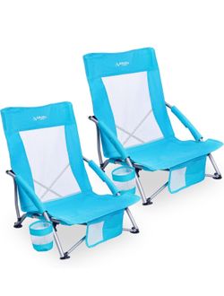 Low Folding Beach Chairs for Adults 2 Pack, Portable Lightweight Sling Beach Camping Chair with Cup Holder,Armrest,Foldable Camp Lawn Chair for Outdoo