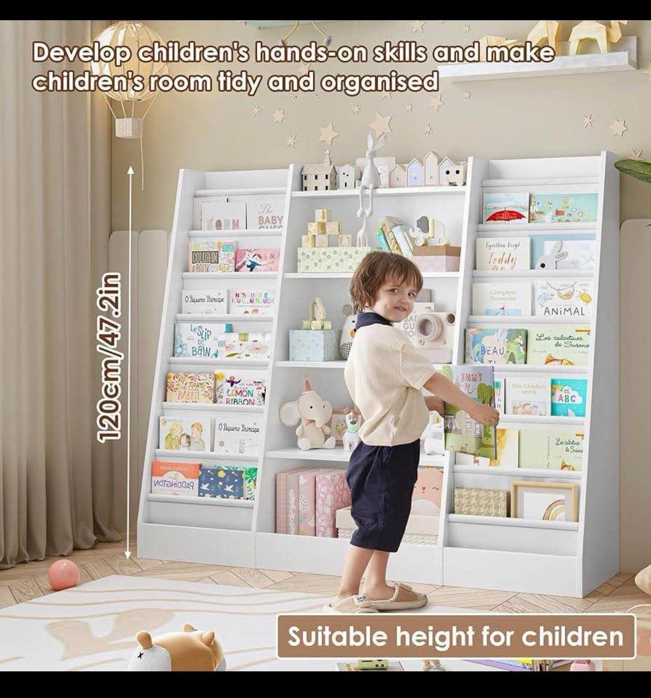 Kids Bookshelf Bookcase with 14 Sling Fabric Shelves, Book and Toy Organizer, B-9