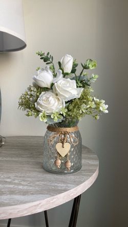 Faux White Rose Arrangement in Glass Vase