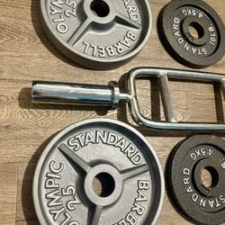 Triceps Bar With Vintage Cast Iron Weight Plates  25s  Plus  10s And  5s [ Total Weights: 100 lbs]