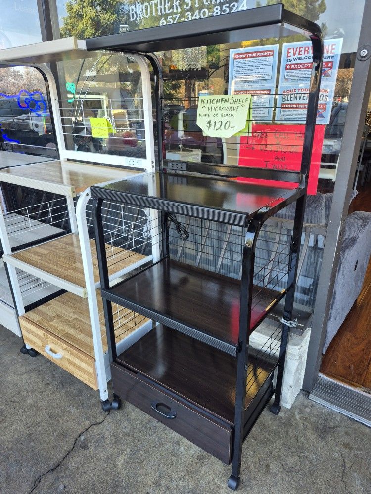 🎪 black finish metal frame espresso finish wood shelves with drawer microwave cart rack with caster.