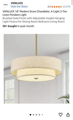 VONLUCE 18" Modern Drum Chandelier, 4-Light 2-Tier Linen Pendant Light Brushed Gold Finish with Adjustable Height Hanging Light Fixture for Dining Roo