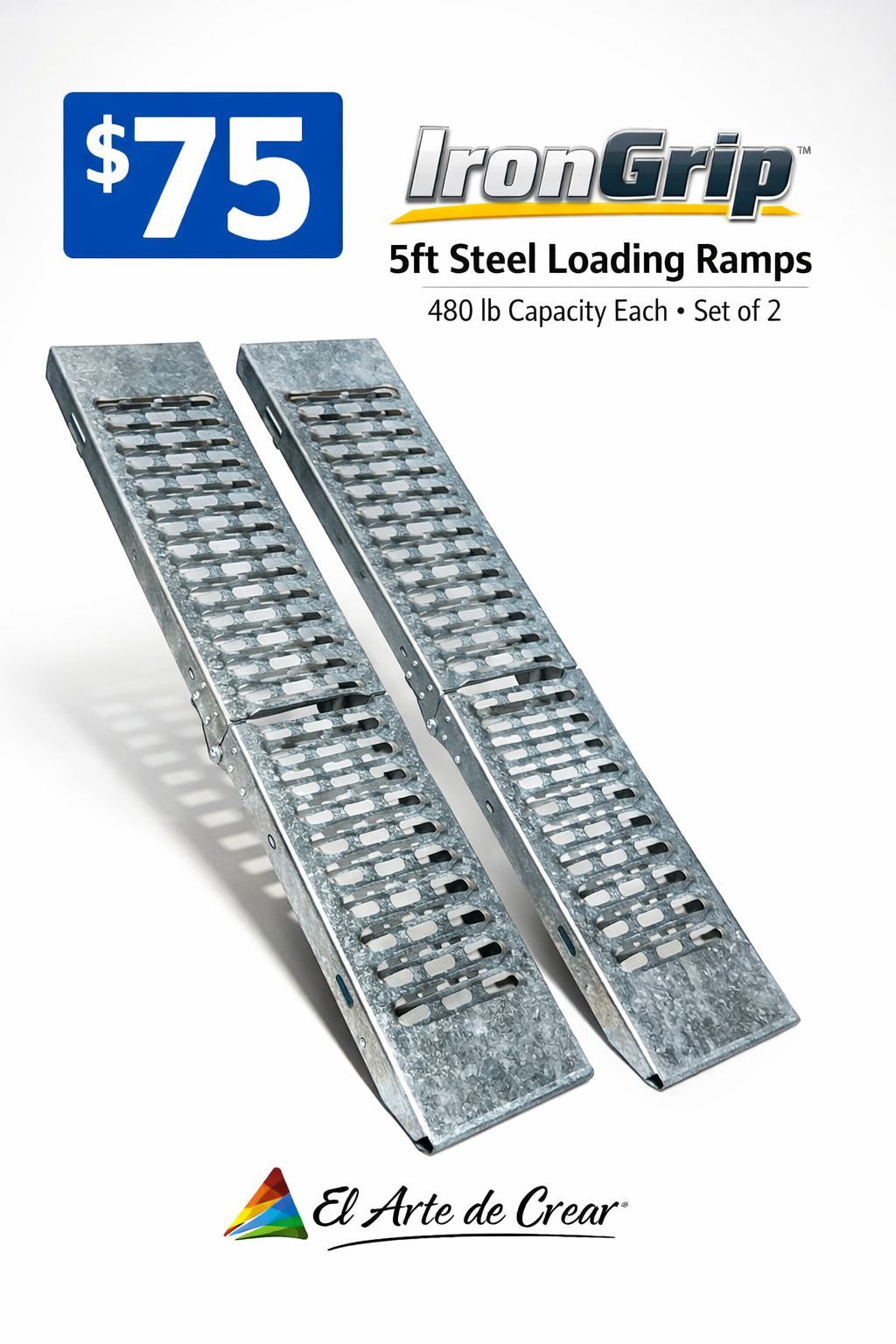 IronGrip 5ft Steel Loading Ramps – 480 lb Capacity Each