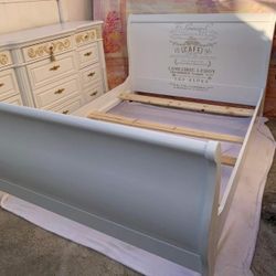 French Boho Style Wooden Queen Size Bedroom Set Including Bed Frame, Rails, Slants, And Two Nightstands Set Has Been Refurbished 