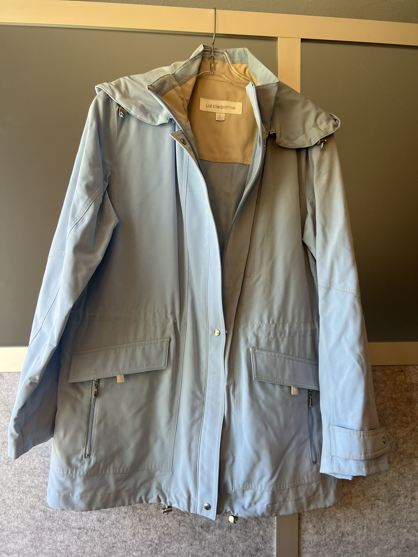 liz claiborne raincoat light blue and beige color