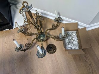 Antique VTG 6 Arm Brass Chandelier Spain With Glass Pendants