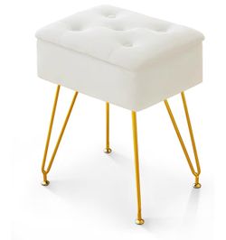 Vanity Stool Chair , Square fuax Makeup Vanity Chair with Metal Legs & Adjustable Gold Feet, Ottoman Foot Rest with Soft Padded Seat for Bedroom , Liv