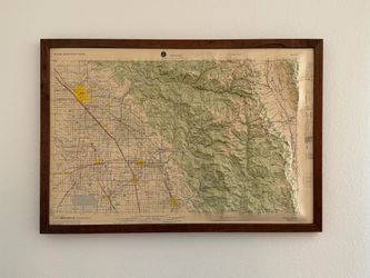 Vintage 1971 Raised Relief Topographic Map — Fresno / Sierra Nevada, Framed