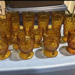 Vintage Indiana Glass Whitehall Colony Amber Cubist Glasses 13 PCs  (6” and 4”)