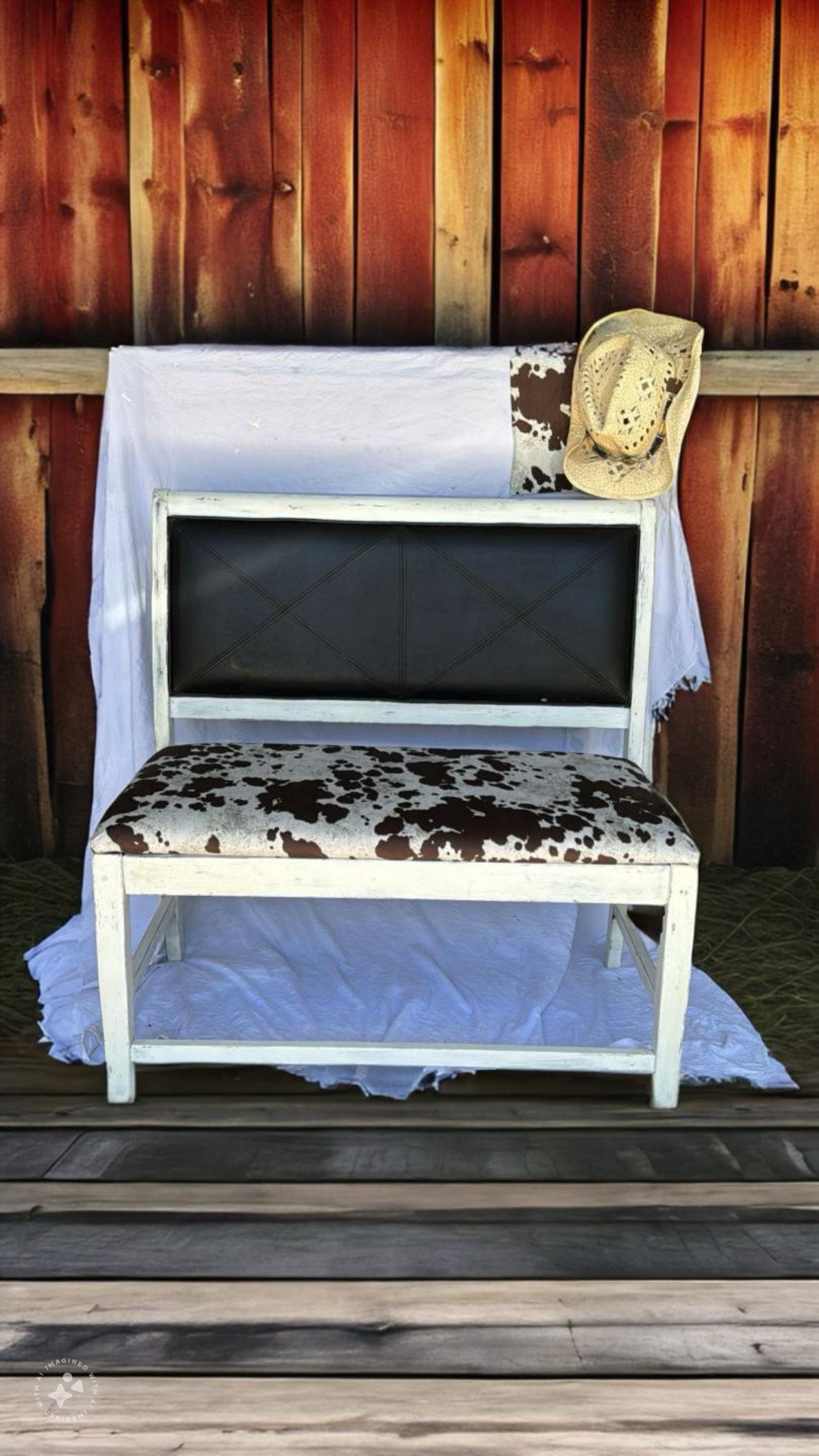 Rustic Bench With cow Patterned Cushion
