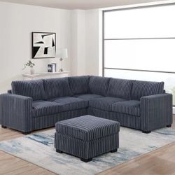 F8463 GREY CORDUROY SECTIONAL AND OTTOMAN 