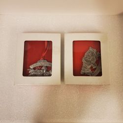 2 Wallace Silversmiths Solid Pewter Santas Village Merry Christmas Ornament 1999