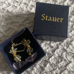 Stauer Precious Stone Amethyst + Gold Bead Dangle Drop Earrings