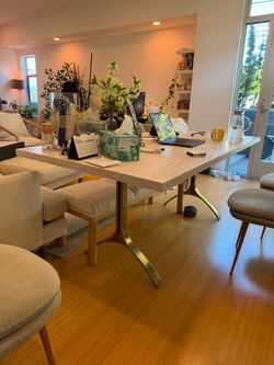 West Elm Dining Table — Whitewashed Wood, Brass Base