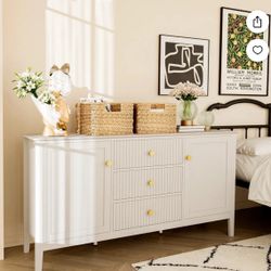 White Storage Cabinet with 3 Drawers & 2 Doors，Modern Sideboard Buffet Cabinet，Freestanding Kitchen Pantry Cabinet,Wood Coffee Bar Cabinet for Kitchen