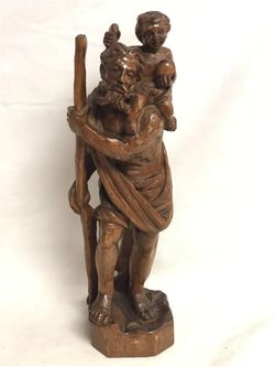 ANTIQUE 12" WOOD HAND CARVED PATRON SAINT ST CHRISTOPHER JESUS FIGURE STATUE